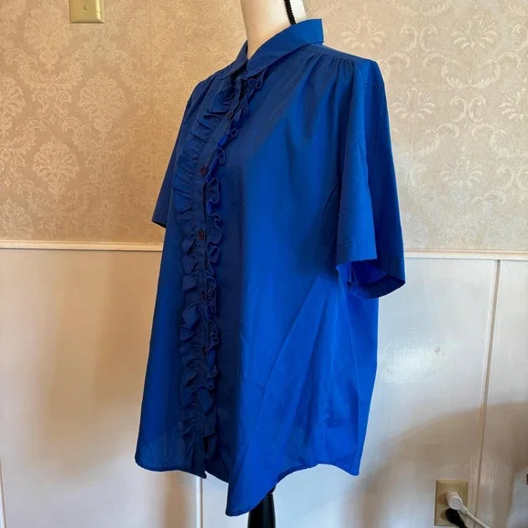 Roaman's Blouse Women's XL Blue Ruffle Front Short Sleeve Button Up Professional - Picture 5 of 10
